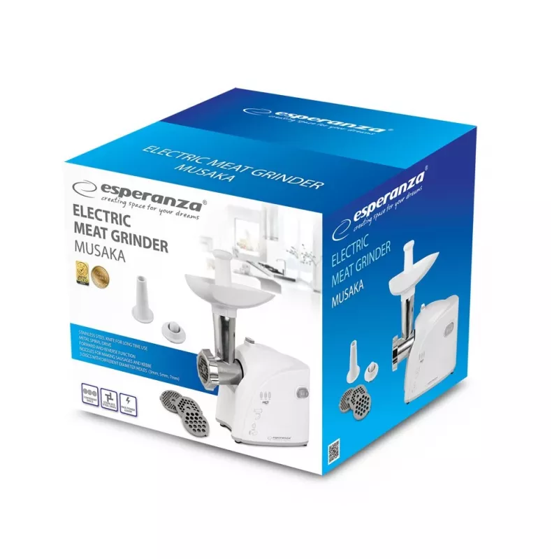 Electric meat grinder ESPERANZA EKM032 — 2200W, white, 3 strainers, kebbe and sausage attachments
