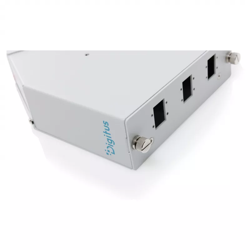 DIN rail fiber optic splice distributor DIGITUS DN-96894 — angled, 6 SC SX / LC DX, aluminium, grey