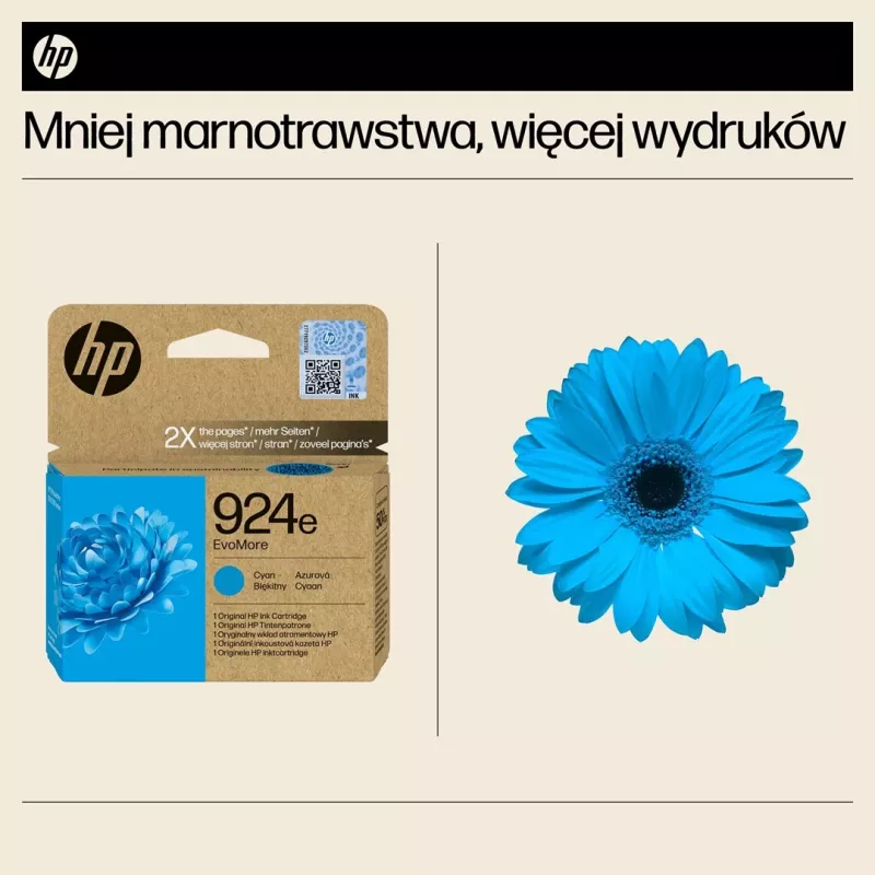 HP 924e EvoMore Cyan Original Ink Cartridge, High (XL) Yield, Cyan, 1 pc(s), 800 pages, Single pack