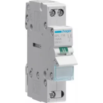 Hager SFL116. Produktfarbe: Weiß. AC Eingangsspannung: 230 V, AC Eingangsfrequenz: 50.60 Hz, Nominale Stromabgabe: 16 A. Breite: 17,5 mm, Tiefe: 68 mm