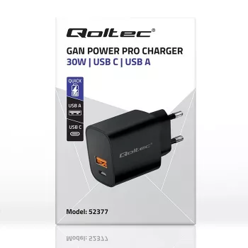 Power adapter QOLTEC 52377 GaN 30W output 5–20V for portable devices