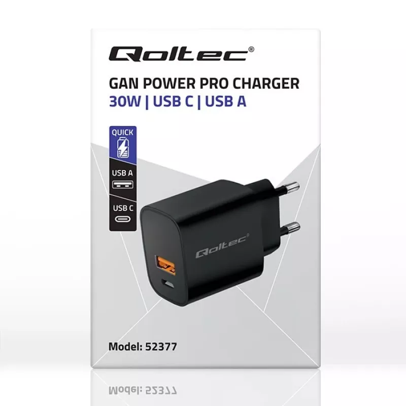 Power adapter QOLTEC 52377 GaN 30W output 5–20V for portable devices