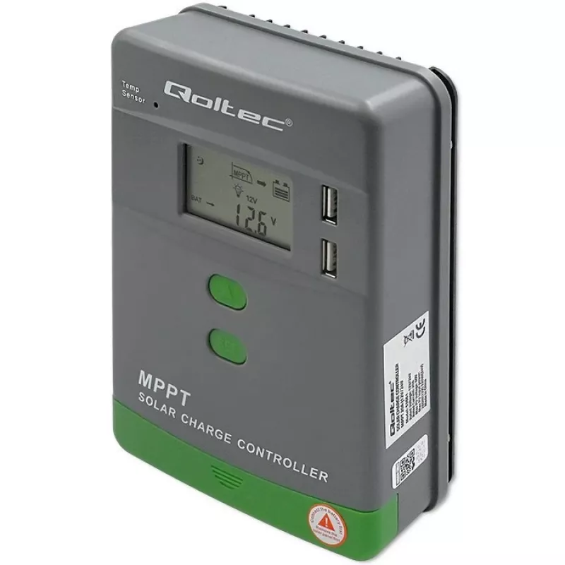 Qoltec, solar MPPT charge controller with temperature sensor 20A 12V/24V Display LCD 2 X USB