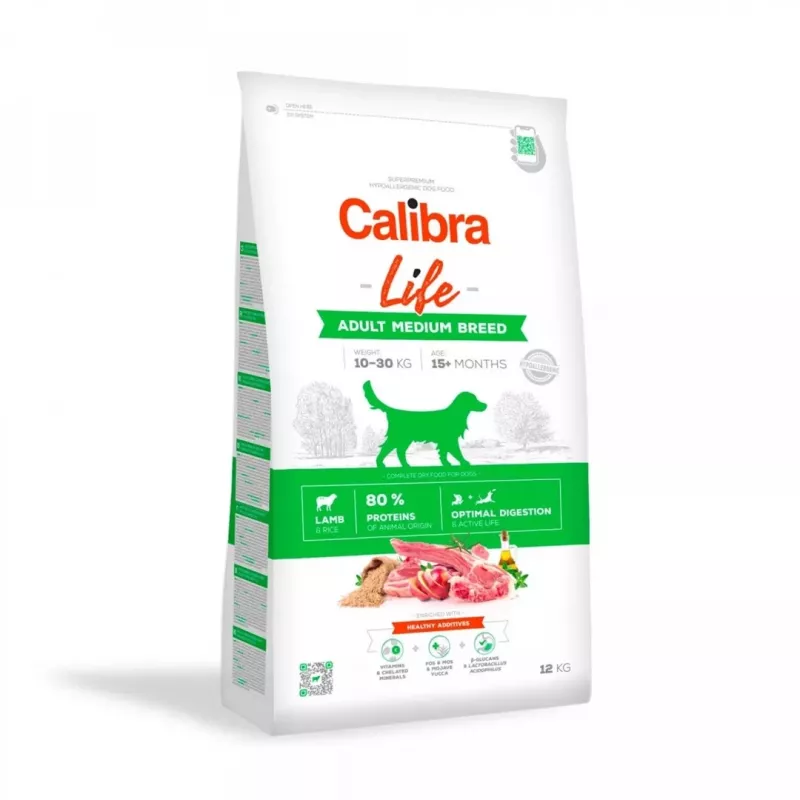 Dry dog food Calibra Life Adult Medium Breed Lamb 12 kg — complete nutrition for medium adult dogs, 27% protein, 16% fat, gluten-free