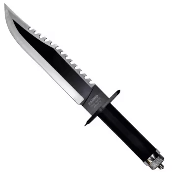 Fixed survival knife cinema classic CC-H2 — 400 mm overall, 250 mm steel blade, smooth and serrated, black handle, includes leather scabbard
