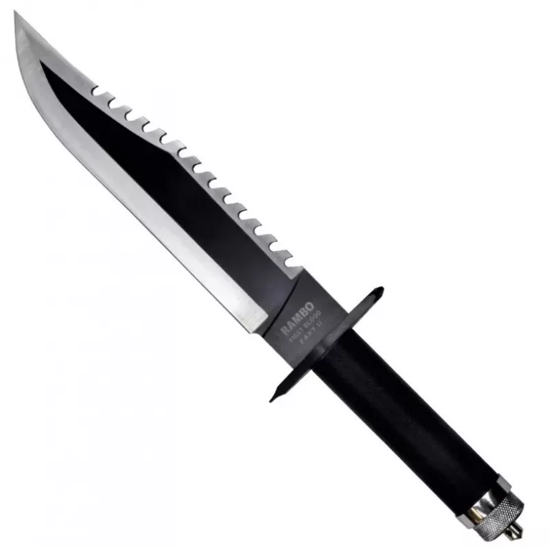 Fixed survival knife cinema classic CC-H2 — 400 mm overall, 250 mm steel blade, smooth and serrated, black handle, includes leather scabbard