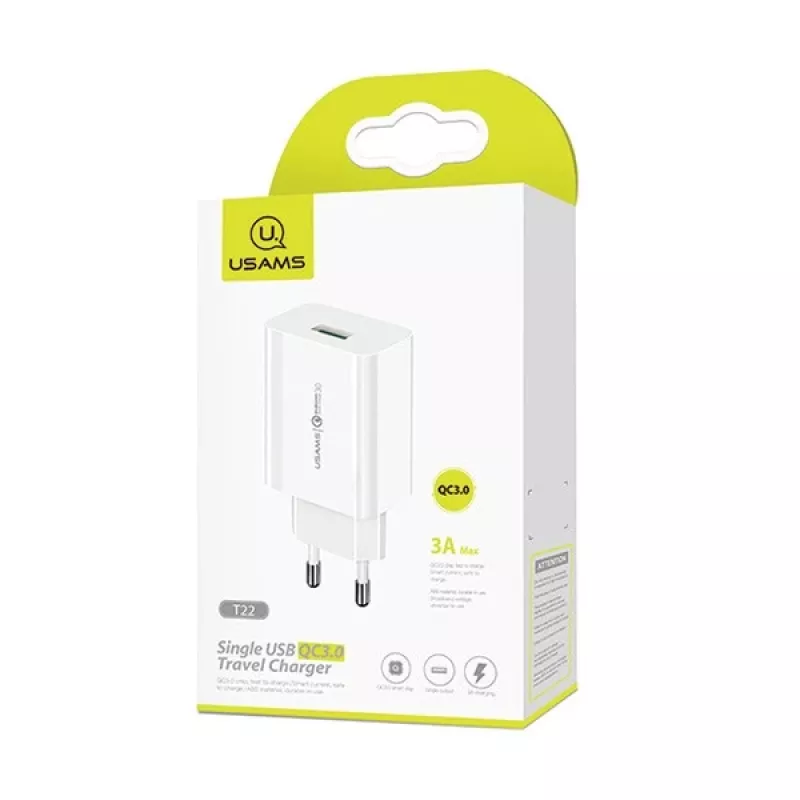 Charger usams T22 18W QC 3.0 with USB-C cable — 18W fast charger, Quick Charge 3.0
