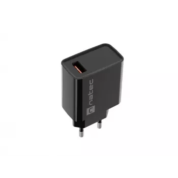 NATEC AC fast charging indoor wired charger Ribera — 18W (5–15V, up to 3A), 1× USB-A, Huawei FCP/SCP, black