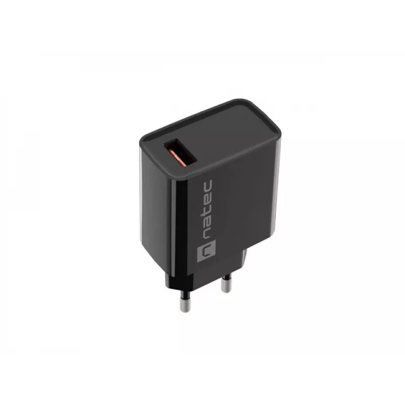 NATEC AC fast charging indoor wired charger Ribera — 18W (5–15V, up to 3A), 1× USB-A, Huawei FCP/SCP, black