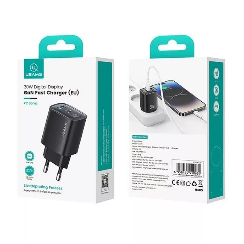 USB and USB-C 30W GaN Fast Charger usams CC229 White — LED indicator, compact design