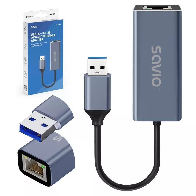 Network interface adapter SAVIO AK-83 USB Type-A to RJ-45 male, 5 Gbit/s, black