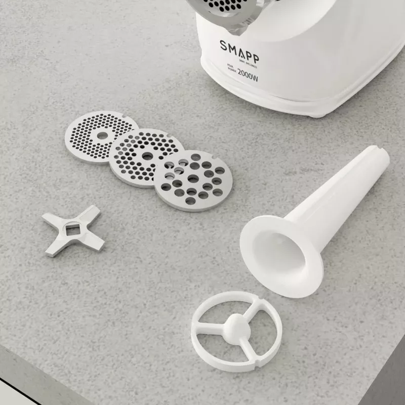Electric household meat grinder SMAPP 489.8 — 2000 W, 3 strainers (2.7 / 8 mm), non-slip feet, grey