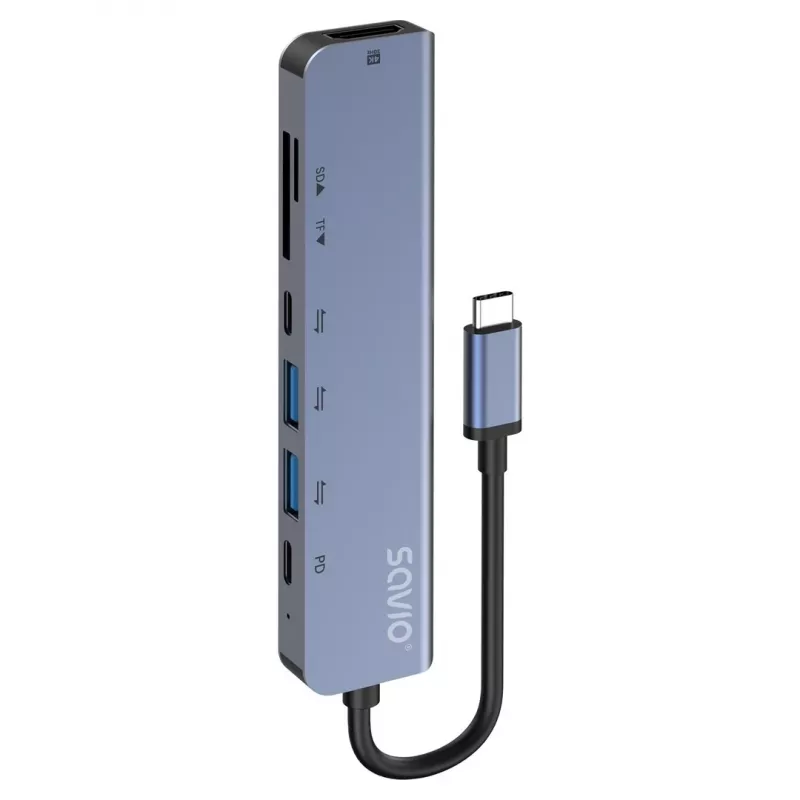 USB Type-C hub SAVIO AK-82 with HDMI, MicroSD, USB 3.2 Gen1, PD passthrough, 4K@30Hz, 5000 Mbit/s, black
