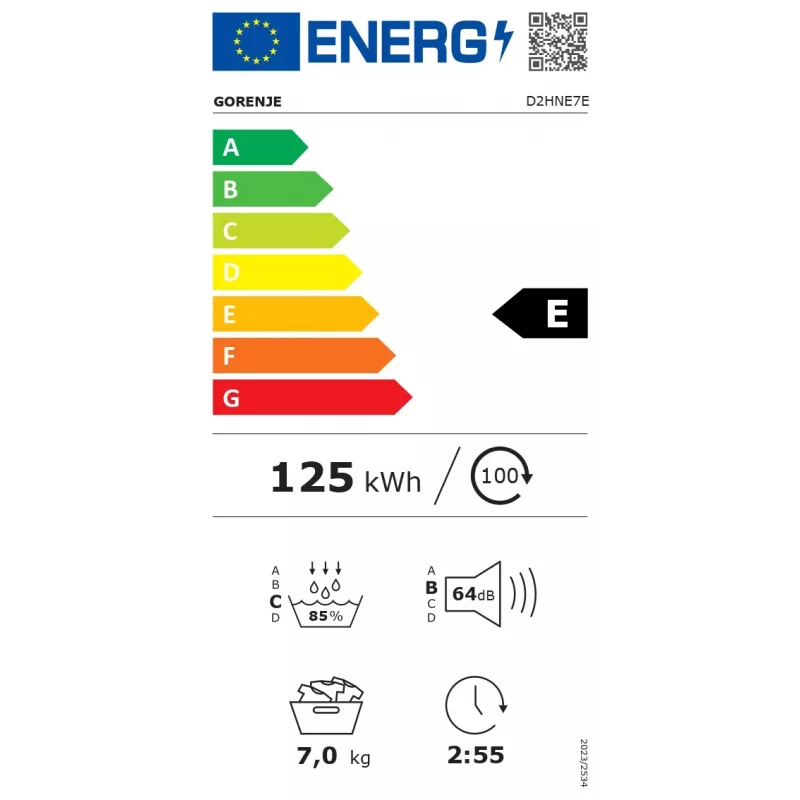 Gorenje Dryer Machine | D2HNE7E | Energy efficiency class E | Front loading | 7 kg | Heat pump | LED | Depth 51 cm | White