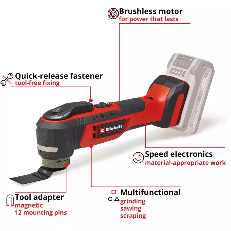 Multi-tool EINHELL TP-MG 18 Li BL Solo — 18V Li‑Ion, grinding, sanding, sawing, 1.08 kg, black/red