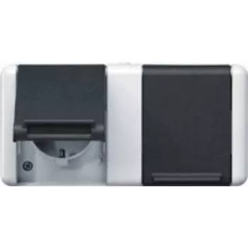 Socket outlet Type F JUNG 8220 W — IP44, 250V/16A, thermoplastic housing, 151×75×58 mm, black/white