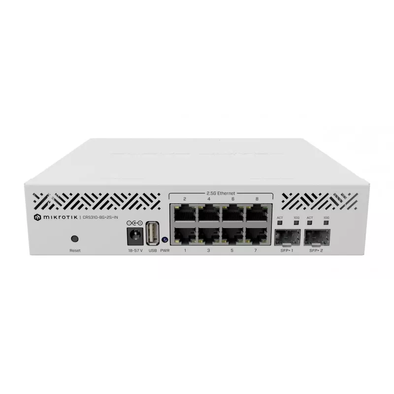 Managed L3 switch MikroTik CRS310-8G+2S+IN — 8× 2.5G RJ-45, 2× SFP+, PoE, 1U rack-mount, White