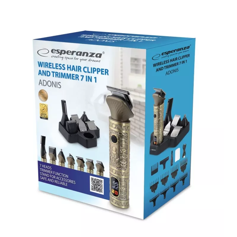 Hair clipper ESPERANZA ADONIS 7-in-1 cordless rechargeable, stainless steel blades, 8 combs, 1–12 mm, 90 min runtime