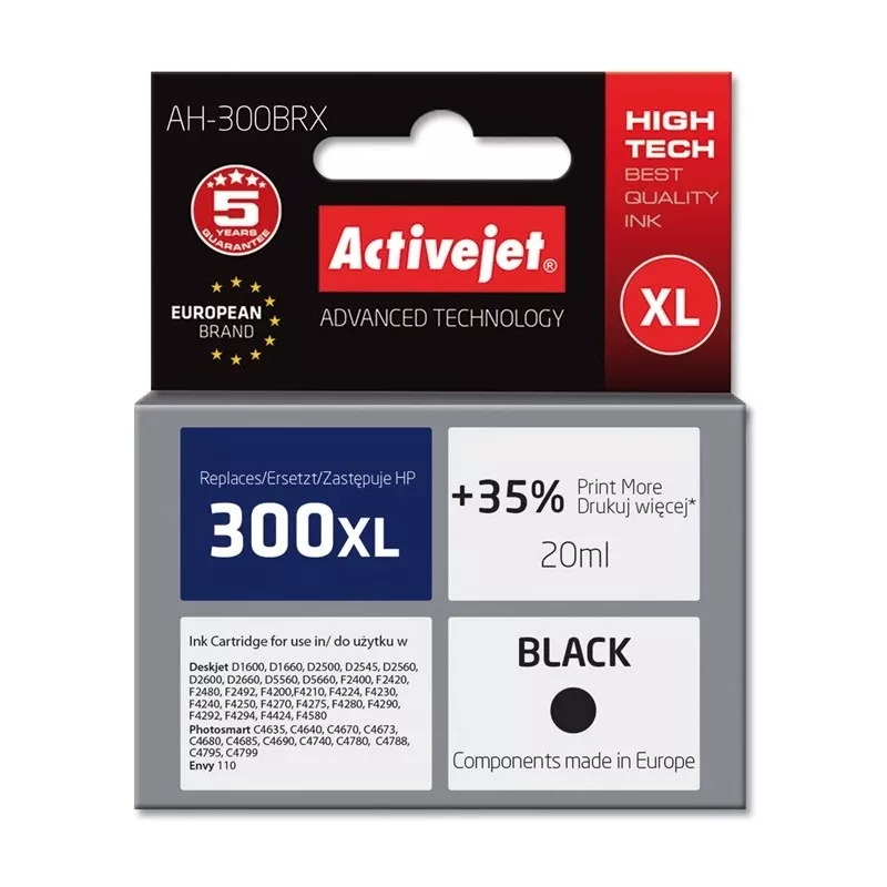 ActiveJet AH-300BRX Compatible Ink Cartridge (Black, 20 ml, High XL, Pigment, for HP 300XL CC641EE)