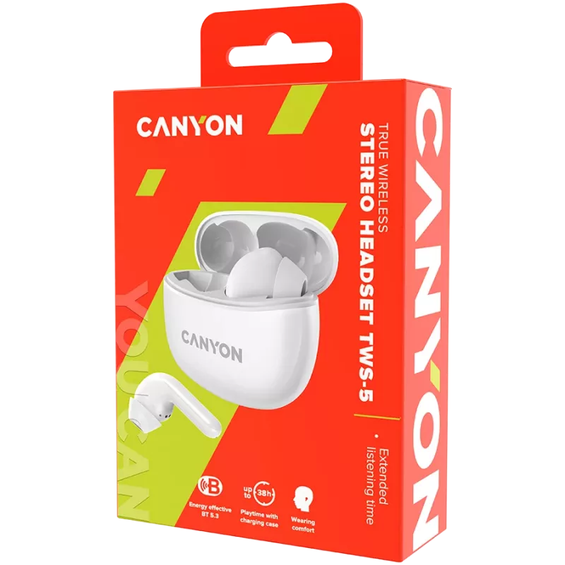 Canyon Computer Speakers Canyon TWS-5 Bluetooth headset, with microphone, BT V5.3 JL 6983D4, Frequence Response:20Hz-20kHz, battery EarBud 40mAh*2+Charging Case 500mAh, type-C ka
