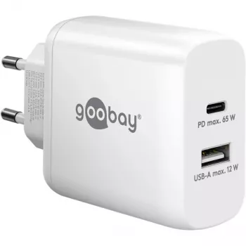 USB-C Dual-Fast Charger, PD, GaN, 65 Watt (White, 1x USB-C, 1x USB-A, Power Delivery)
