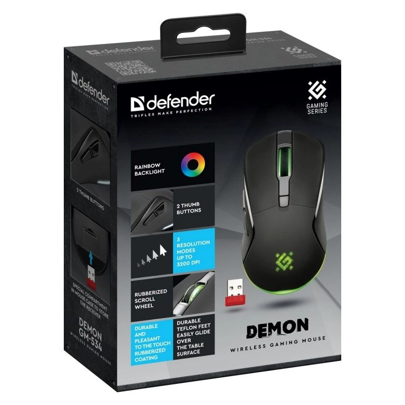 Wireless gaming mouse DEFENDER Demon GM-534 RF, ambidextrous, 3200 DPI, 5 buttons, 2.4 GHz USB-A nano receiver