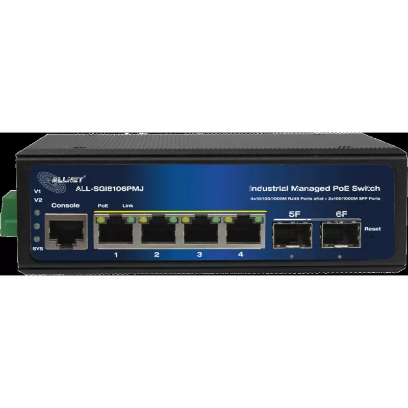 Industrial PoE Switch ALLNET ALL-SGI8106PMJ-BT — 6-port (4 PoE+), rugged metal chassis