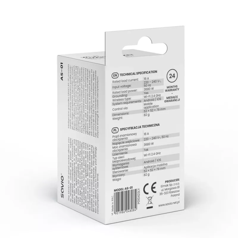 Smart socket SAVIO AS-01 16A Wi‑Fi 2.4 GHz, Type E/F plug, 220–240V, 3680W, white