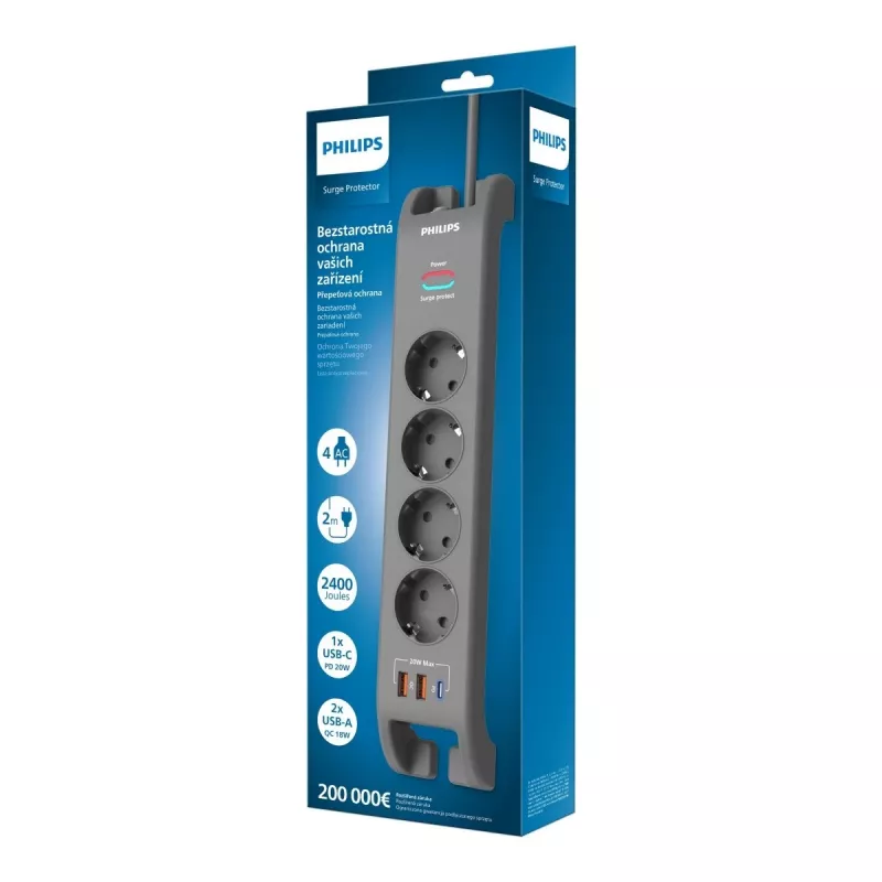 Power strip surge protector Philips 4-socket 2 m cable 3×US