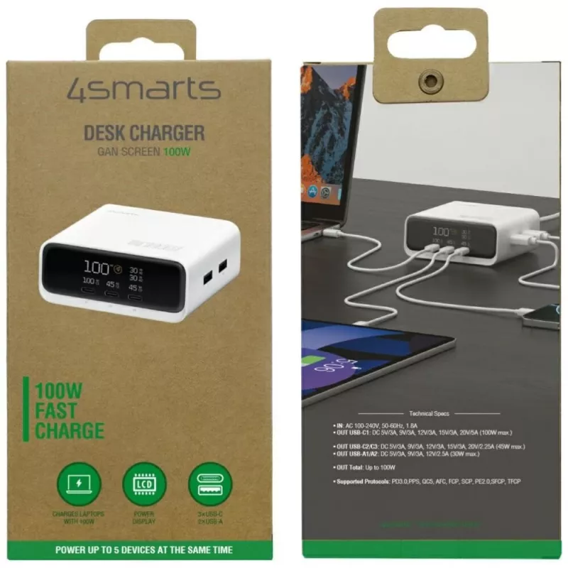 Charging station Deck 100W GaN 3xUSB-C +2xUSB