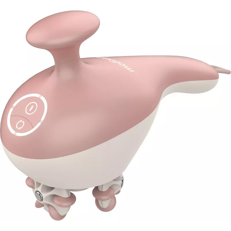 Handheld rolling massager Medisana AC 950 — cordless Li‑Ion, 2 power levels, ergonomic handles, 381 g, rose gold/white