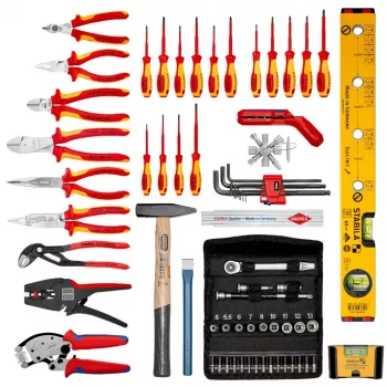 Mechanics tool set Knipex 00 21 06 — 68 tools, includes needle-nose and water pump pliers, red/yellow tools, black case (515×438×265 mm)