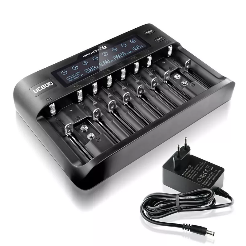 Battery charger everActive UC-800 AC 12V 3A — for LiFePO4/LiPo/NiMH, supports AA/AAA/9V, up to 10 batteries, 12 V input, built-in display, black