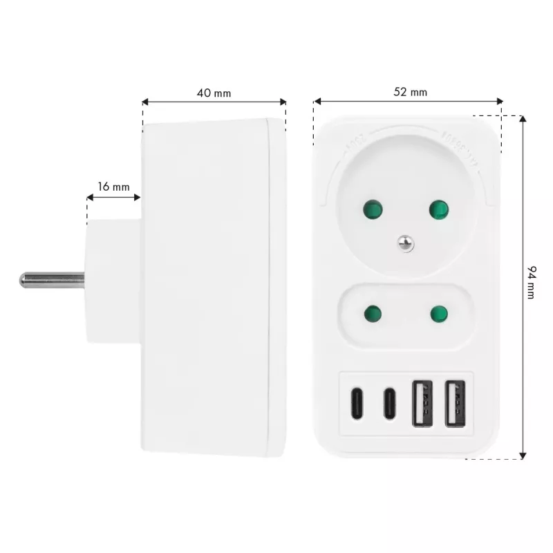 Power splitter MACLEAN MCE249 F/W — 2x mains sockets (16A + 6A) and 4x USB (2x A, 2x C PD 20W)