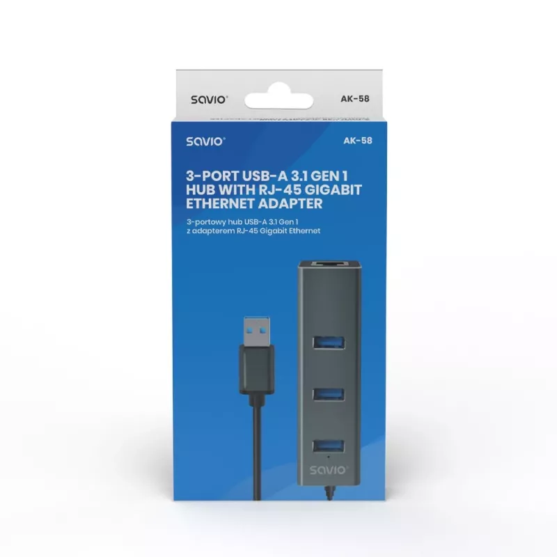 SAVIO USB-A hub with RJ-45 Gigabit Ethernet AK-57 — 3× USB-A + RJ-45, USB 3.2 Gen 1 Micro‑B host, 5 Gbit/s, 4 ports, grey