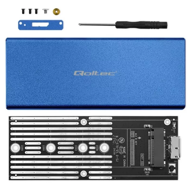 SSD enclosure QOLTEC 51832 — external M.2 SATA, USB 3.0, up to 2TB, blue, supports 30 mm drives, 4 slots