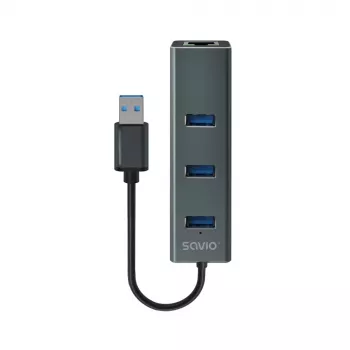 SAVIO USB-A hub with RJ-45 Gigabit Ethernet AK-57 — 3× USB-A + RJ-45, USB 3.2 Gen 1 Micro‑B host, 5 Gbit/s, 4 ports, grey