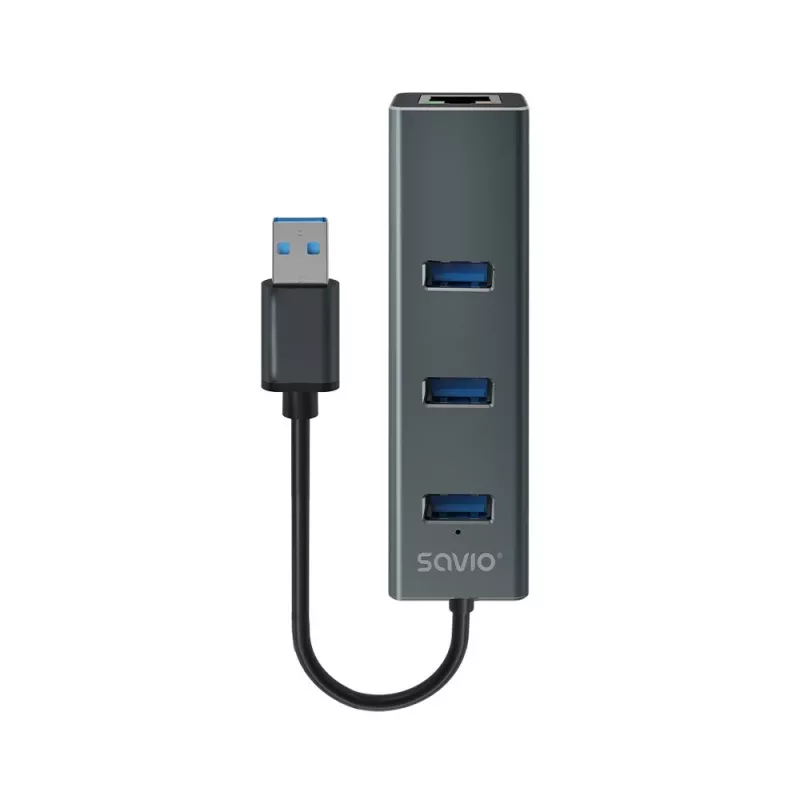 SAVIO USB-A hub with RJ-45 Gigabit Ethernet AK-57 — 3× USB-A + RJ-45, USB 3.2 Gen 1 Micro‑B host, 5 Gbit/s, 4 ports, grey