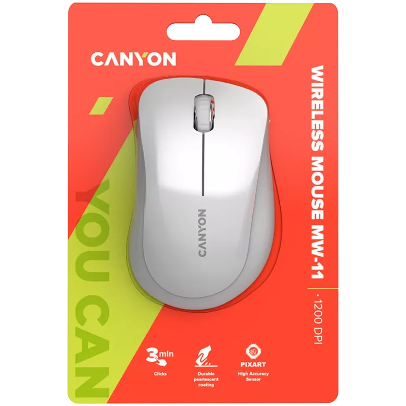 CANYON MW-11, 2.4 GHz Wireless mouse ,with 3 buttons, DPI 1200, Battery:AAA*2pcs ,pearl white grey67*109*38mm 0.063kg