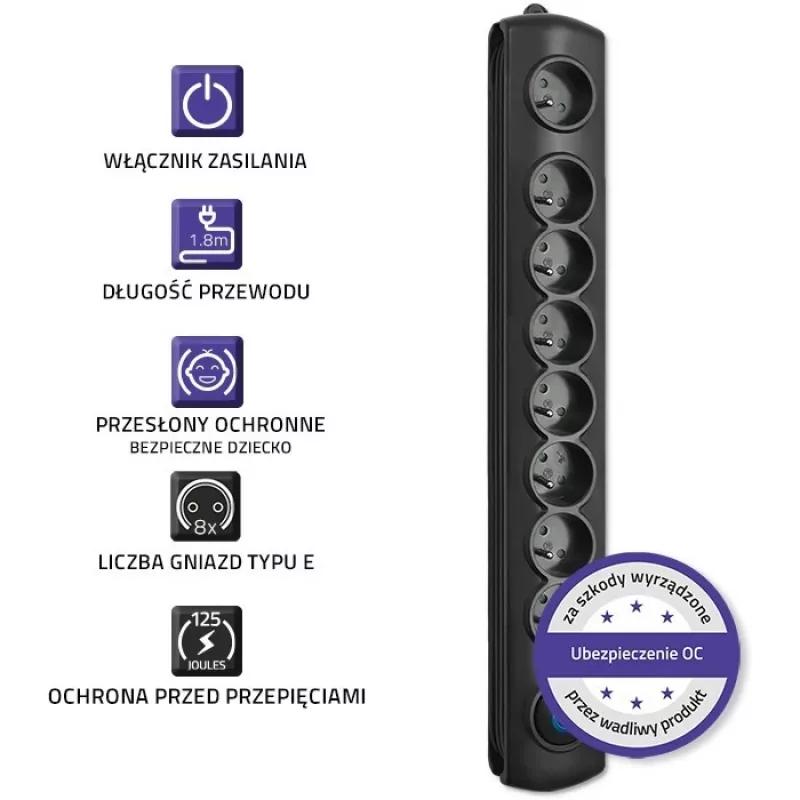 Surge Protector Qoltec 50113 Black 8 AC outlets 230 V 1.8 m