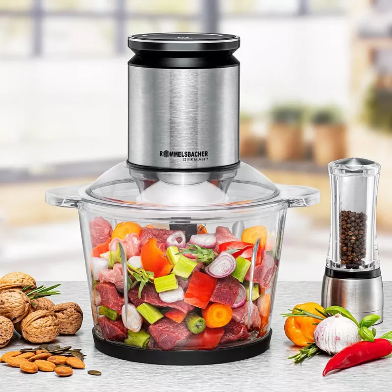 Electric food chopper Rommelsbacher MZ 800, 800 W, 2.7 L glass bowl, 9 stainless steel blades, 22-speed control, black stainless steel