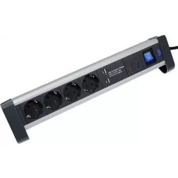 Power strip AS Schwabe 18361 with switch — black/silver, multiple-socket surge protector
