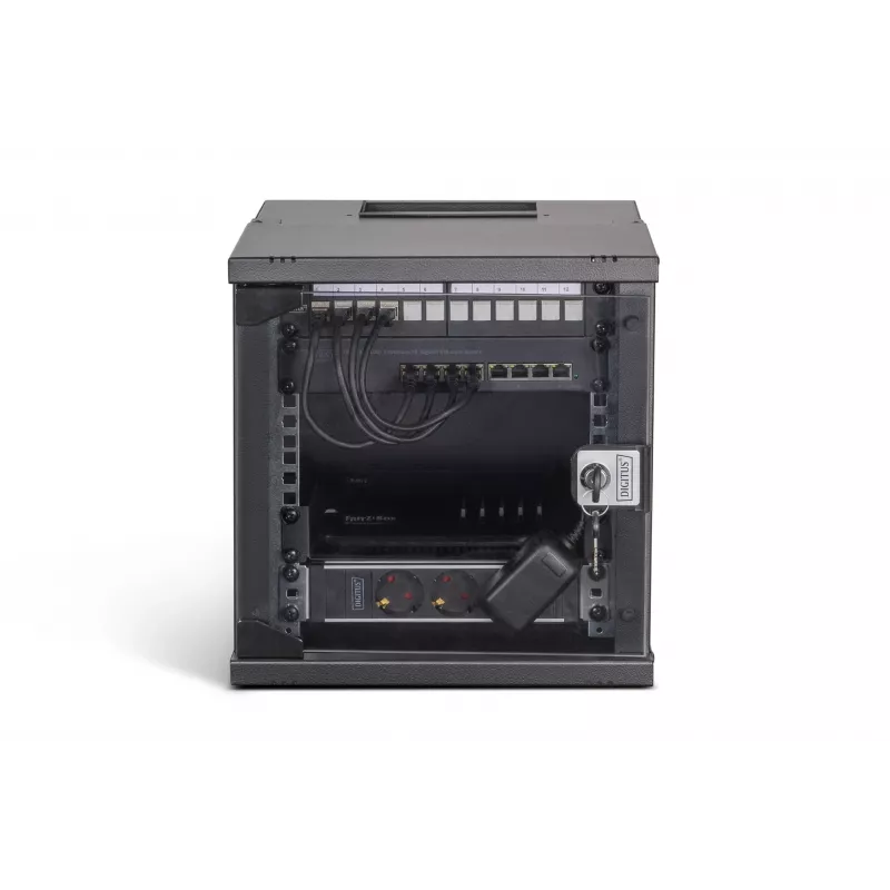 DIGITUS SOHO PRO 6U 10 inch Wall-Mount Network Cabinet Set with 8-Port Gigabit Switch, 12-Port Cat 6A Patch Panel, Shelf, Power Strip and 10 Patch Cables