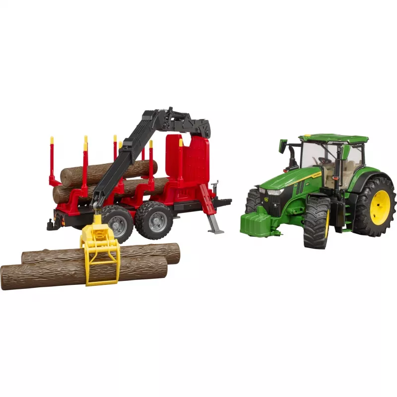 BRUDER John Deere 7R 350 with forestry trailer and 4 trunks