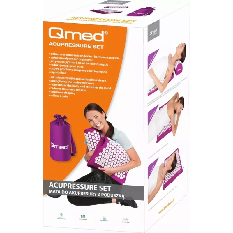 Acupressure mat with pillow Qmed ACUPRESSURE MAT — pressure-point massage pad