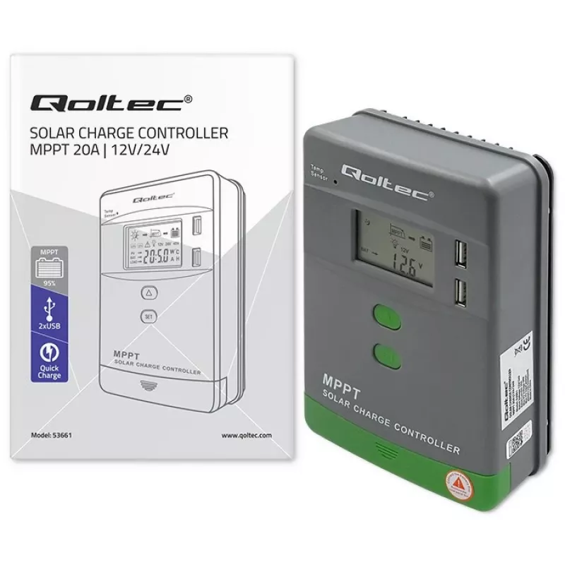Qoltec, solar MPPT charge controller with temperature sensor 20A 12V/24V Display LCD 2 X USB