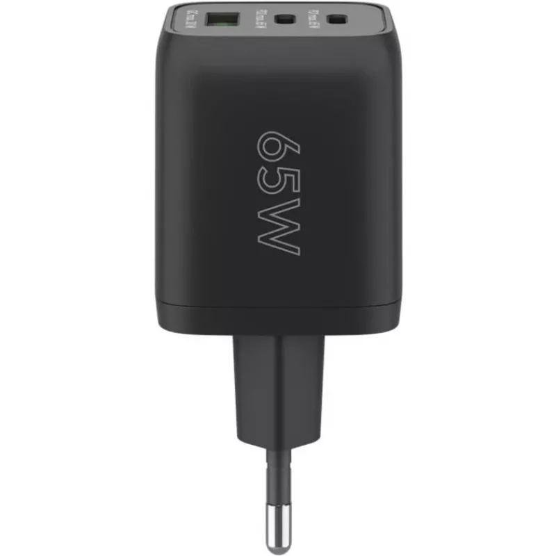 USB-C Fast Charger Nano, PD, GaN, 65 Watt, USB-C Braided Cable (black, 1x USB-A, 2x USB-C PD, Quick Charge 3.0, 1 Meter Cable)