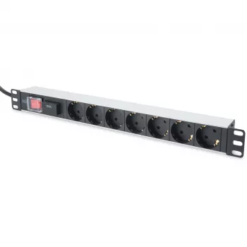 DIGITUS 1U Aluminum PDU with 7 Safety Outlets, 2m Cable, Switch, Surge Protection