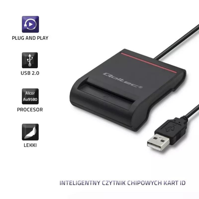 ID card scanner QOLTEC Smart chip ID card scanner — USB, black, 84.5×65×16 mm, 63 g