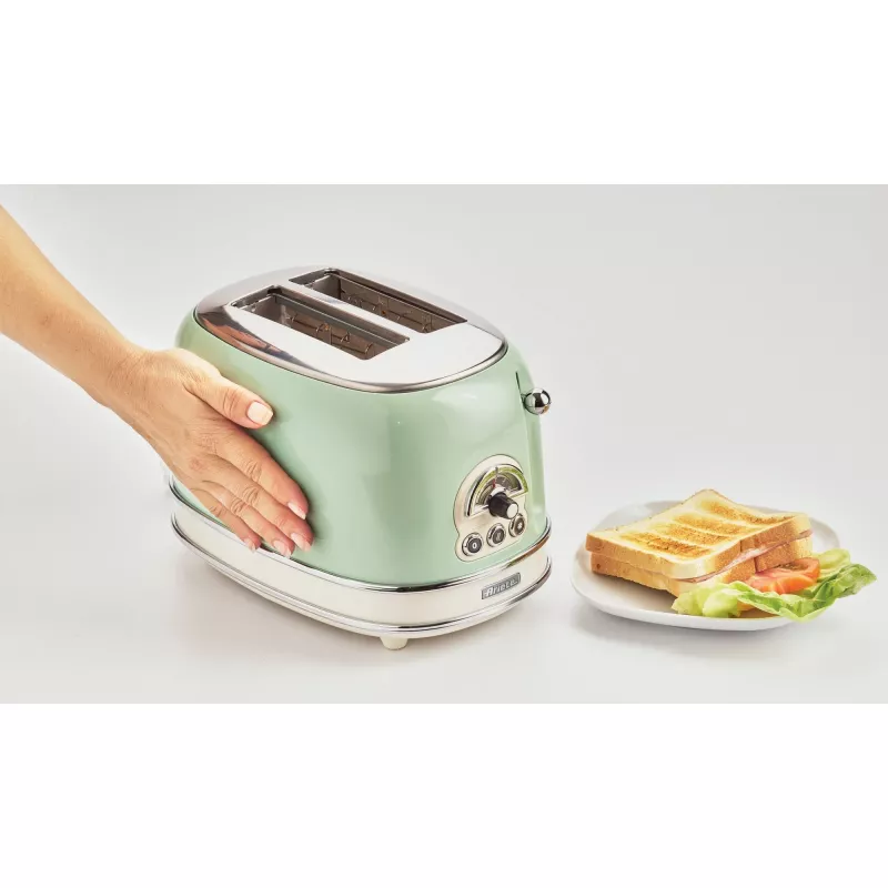 Ariete 155 Design 2 Slice Toaster with Sandwich Cages, 6 Toasting Levels, 810 W, Stainless Steel Body, Removable Crumb Tray, Pastel green